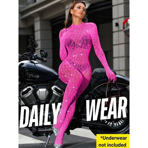 🆕Women Pink Sexy Lace Jumpsuit Leopard Fishnet Bodysuit Outfits Mesh Lingerie - Picture 6 of 7